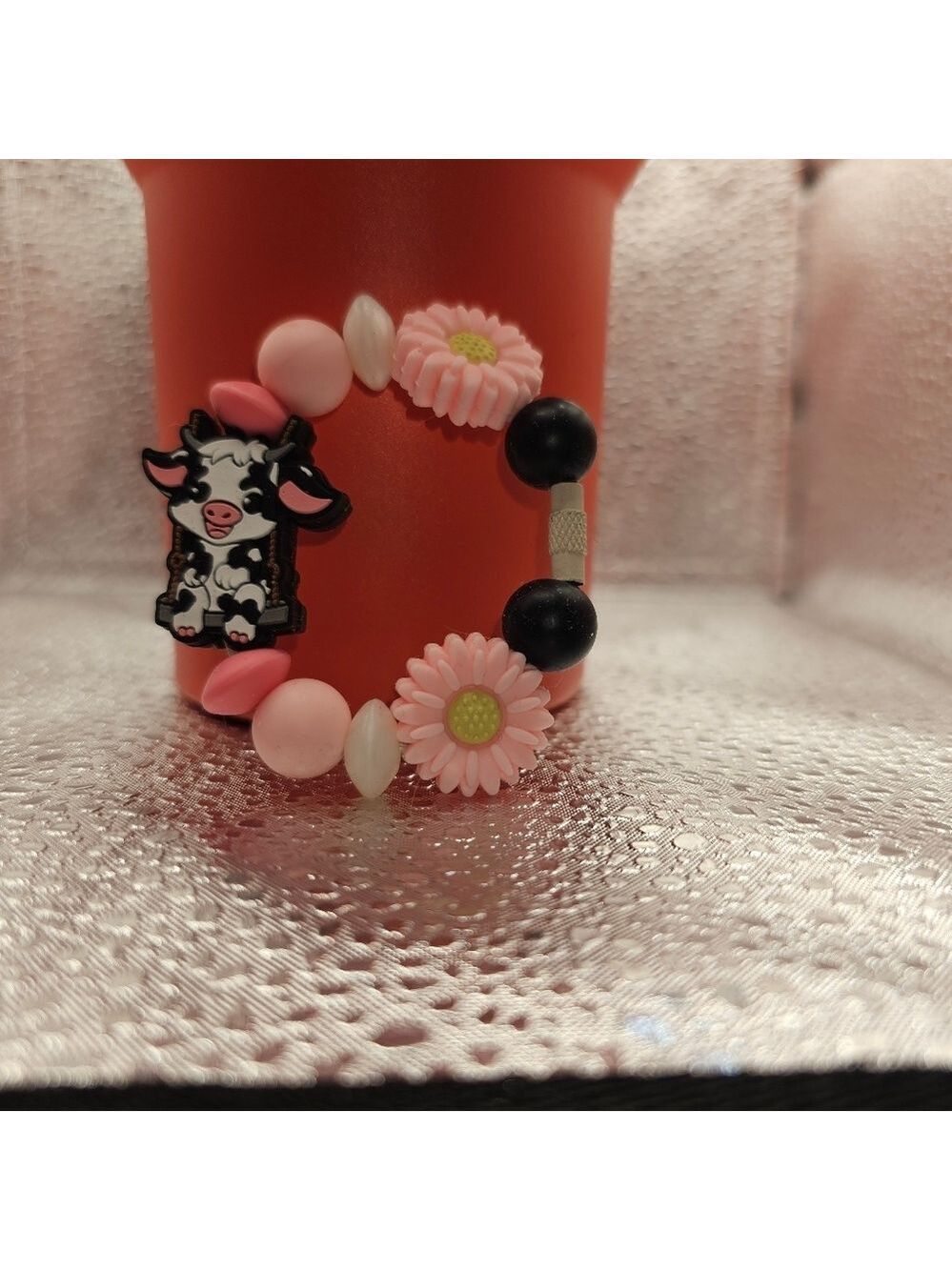 Silicone Tumbler Charms Moo Cow With Pink Flowers, White & Black Beads